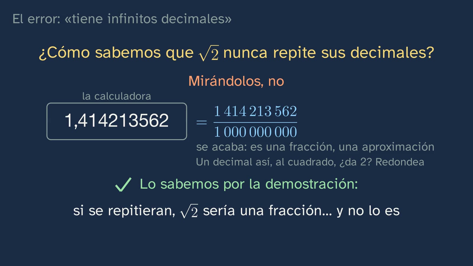 The calculator mistake: what it shows ends, so it is a fraction, an approximation. "A decimal like this, squared, gives 2? It's rounding."