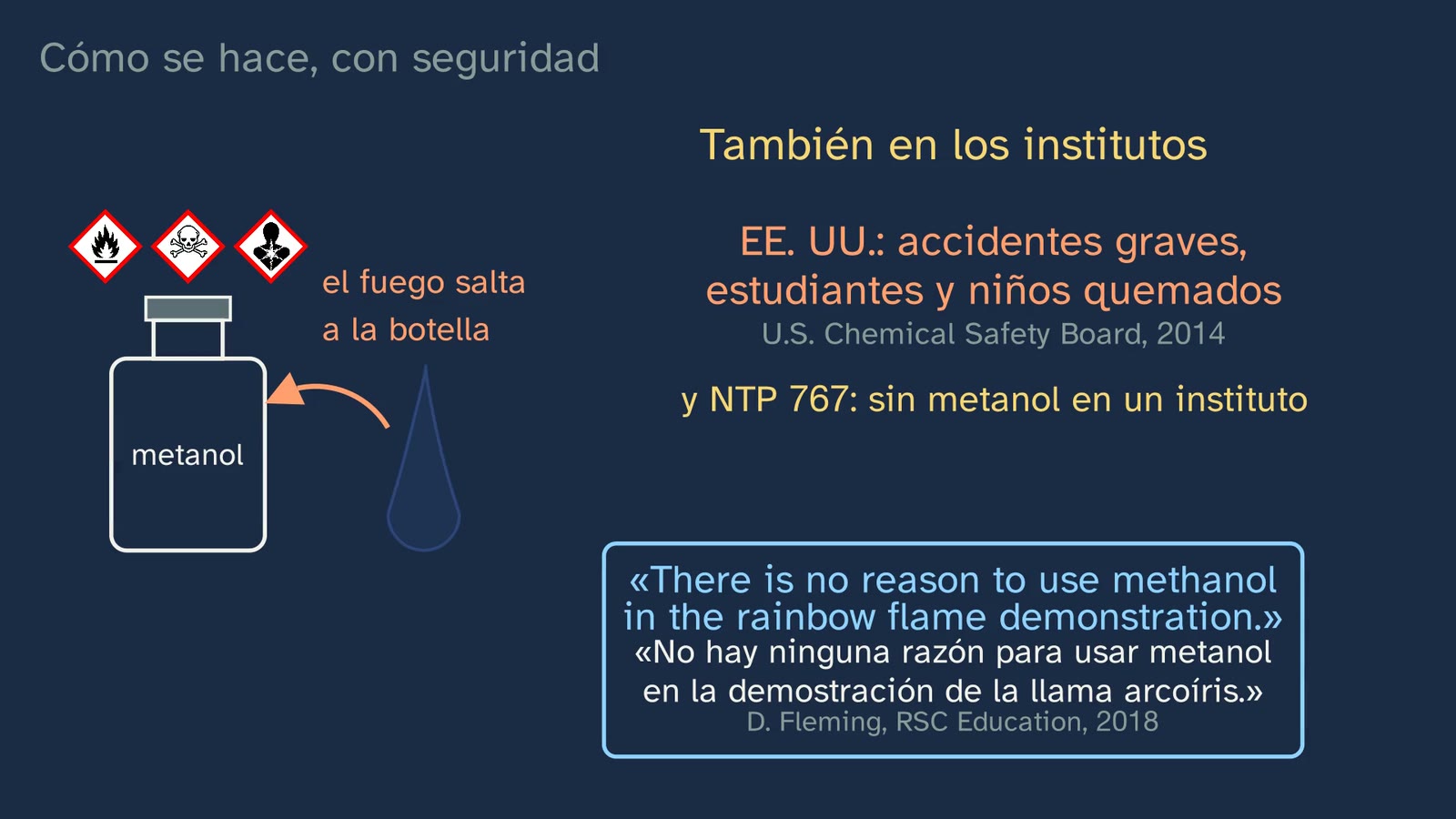 El aviso del metanol: sus tres pictogramas, el fuego que salta a la botella (CSB, 2014), la frase de Fleming (RSC Education, 2018) y la NTP 767.