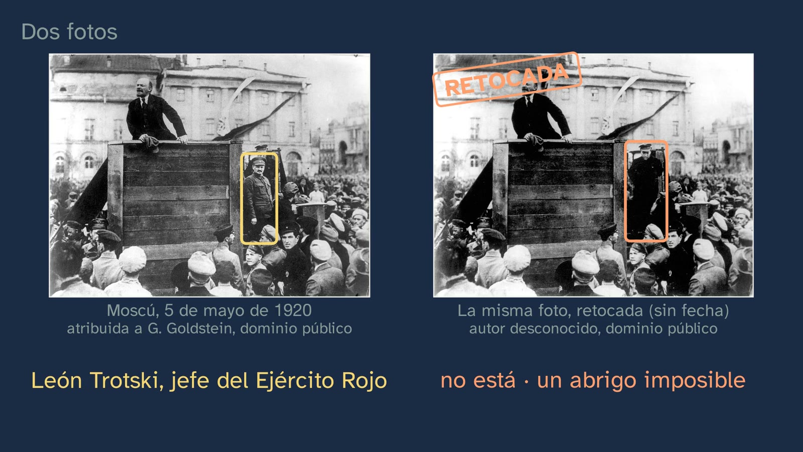 Las dos copias de la foto del 5 de mayo de 1920: Trotski, en la escalera de la tribuna; en la retocada, un abrigo imposible tapa el hueco.